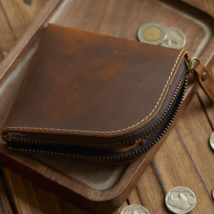 Original Hand-made Leather Short Zipper Wallet