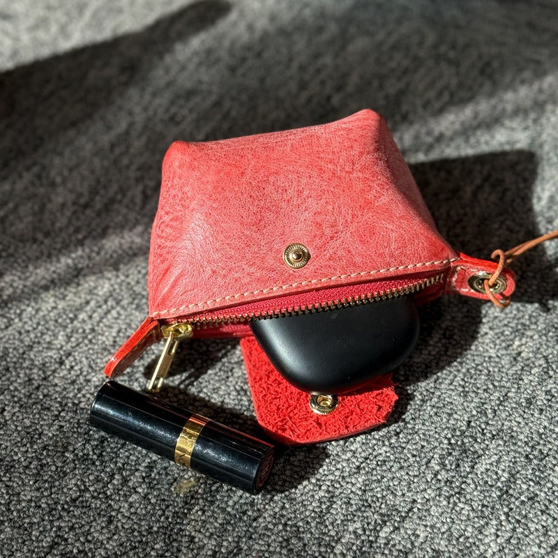 Retro Wax Leather Coin Purse Tanned Leather Lipstick Bag Headphone Bag