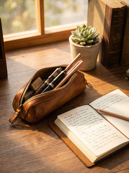 Retro Handmade Leather Pencil Case Travel Storage Bag Cosmetic Bag