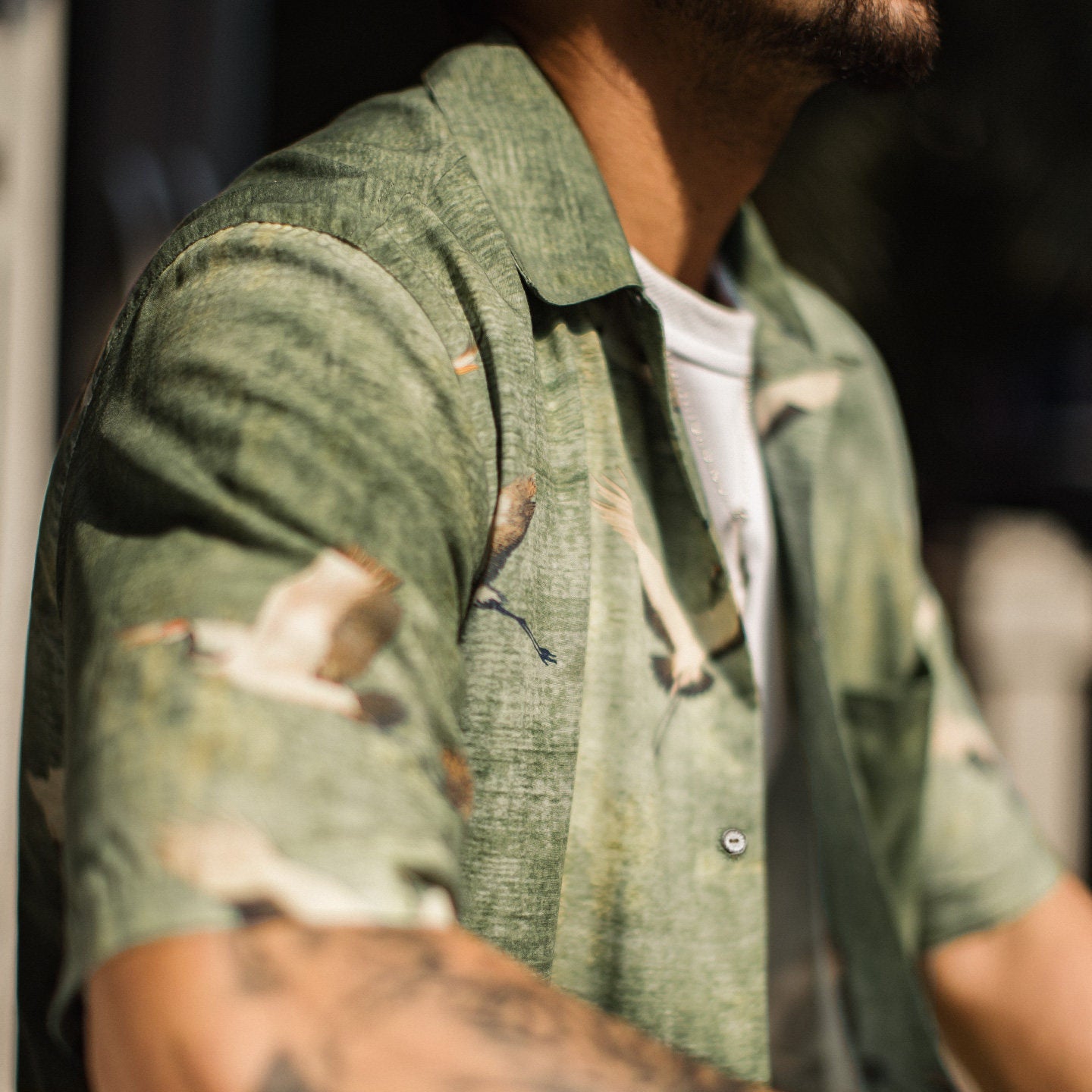 Retro Crane Print Breathable Short Sleeve Shirt