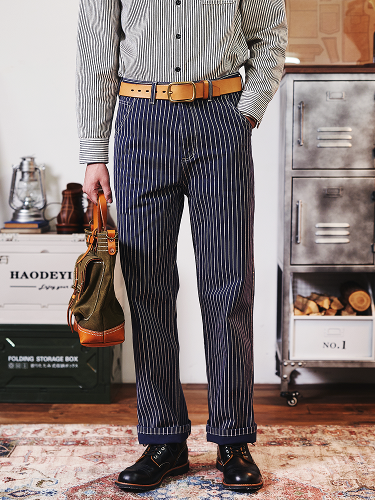 Retro Striped Denim Workwear Pants