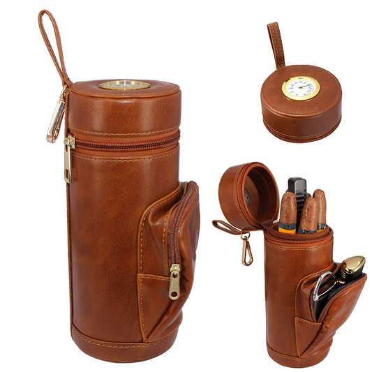 Cedar Wood Lined Portable Travel Genuine Leather Cigar Humidor Case with Pocket, Easily Carry Lighter and Cutter