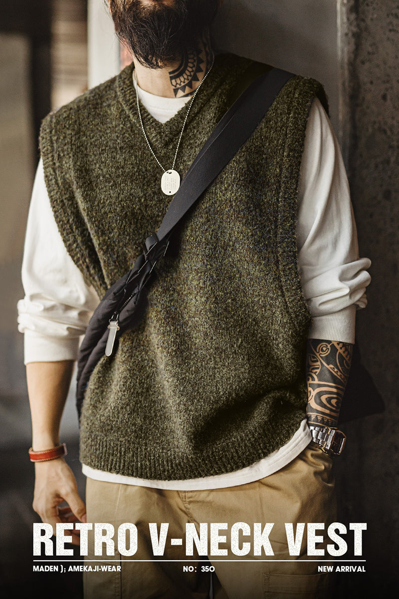 Retro Green V-neck Wool Vest