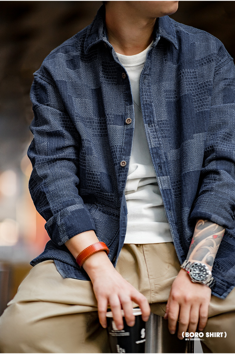 Retro Yarn-Dyed Denim Boro Shirts Autumn Jacket