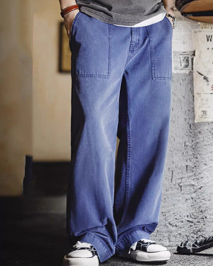 Vintage Overalls Blue Washed Canvas Loose Straight Casual Pants