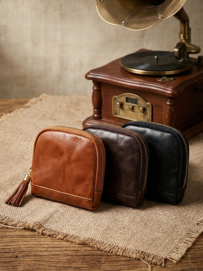 Retro Leather Handmade Zipper Short Wallets