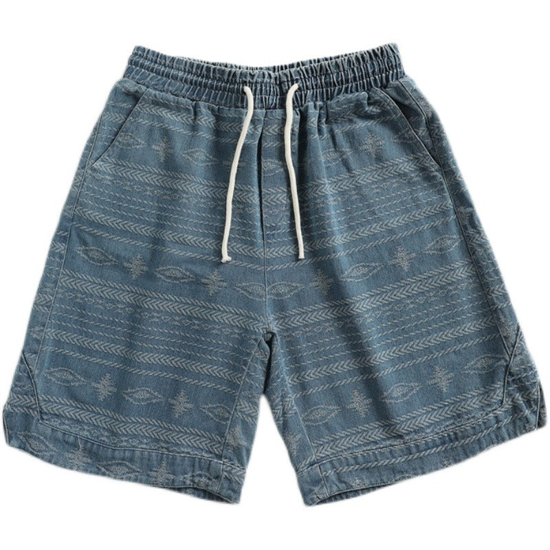 Men's Washed Denim Drawstring Elastic Waist Shorts