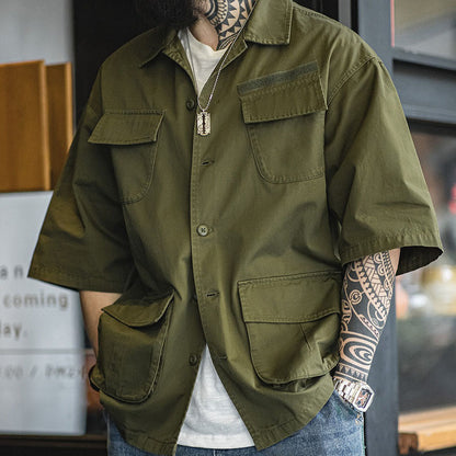 Retro Green Four-pocket Short-sleeved Shirt Military Style Shirt