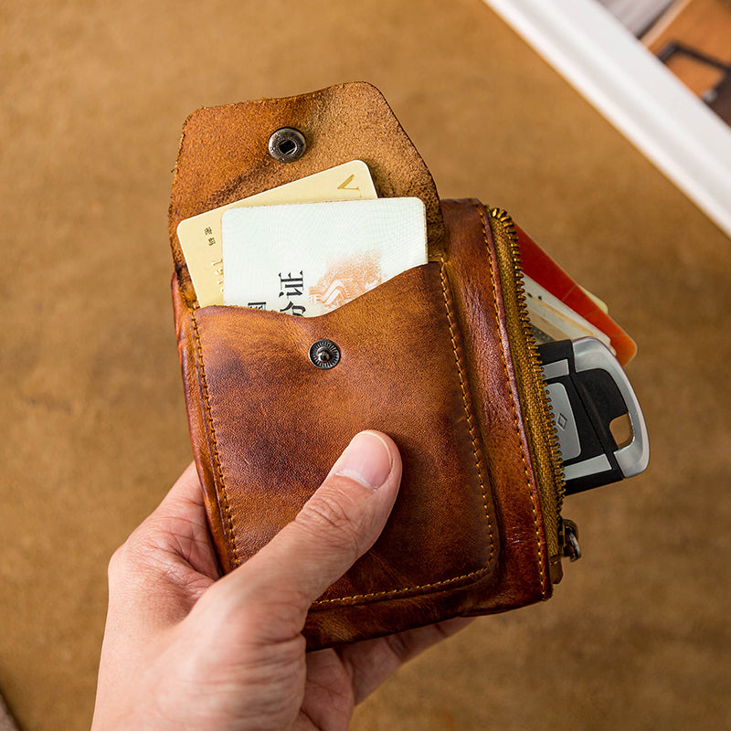 Vintage Leather Zipper Cards Holder Coin Wallet