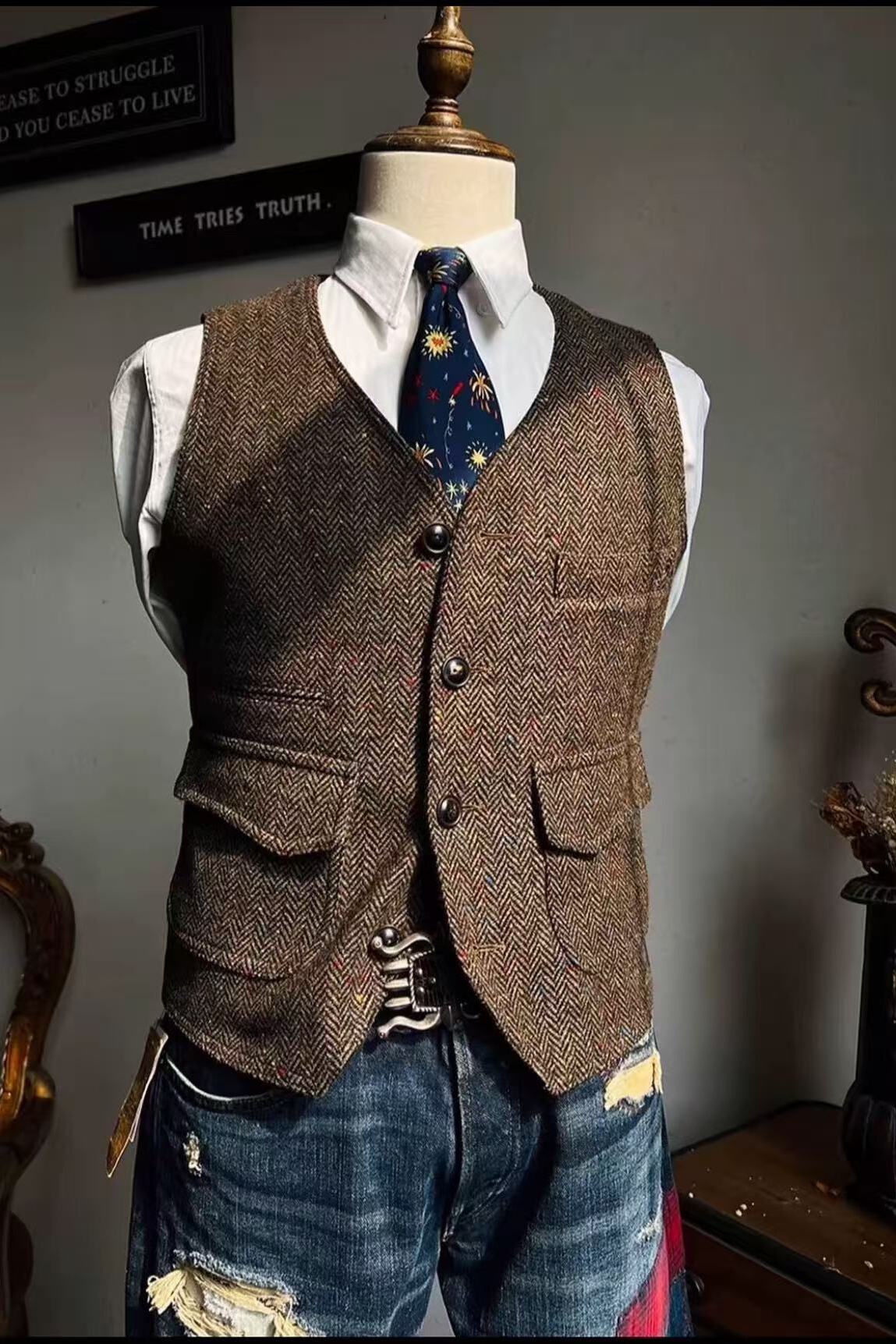 Retro Large Size Wool Herringbone Waistcoats