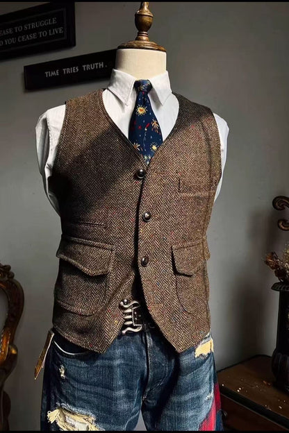 Retro Large Size Wool Herringbone Waistcoats