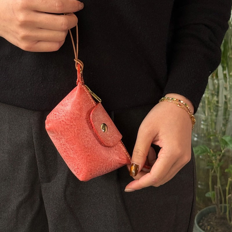 Retro Wax Leather Coin Purse Tanned Leather Lipstick Bag Headphone Bag