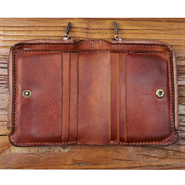 Retro Handmade Leather Zipper Solid Small Bifold Wallet