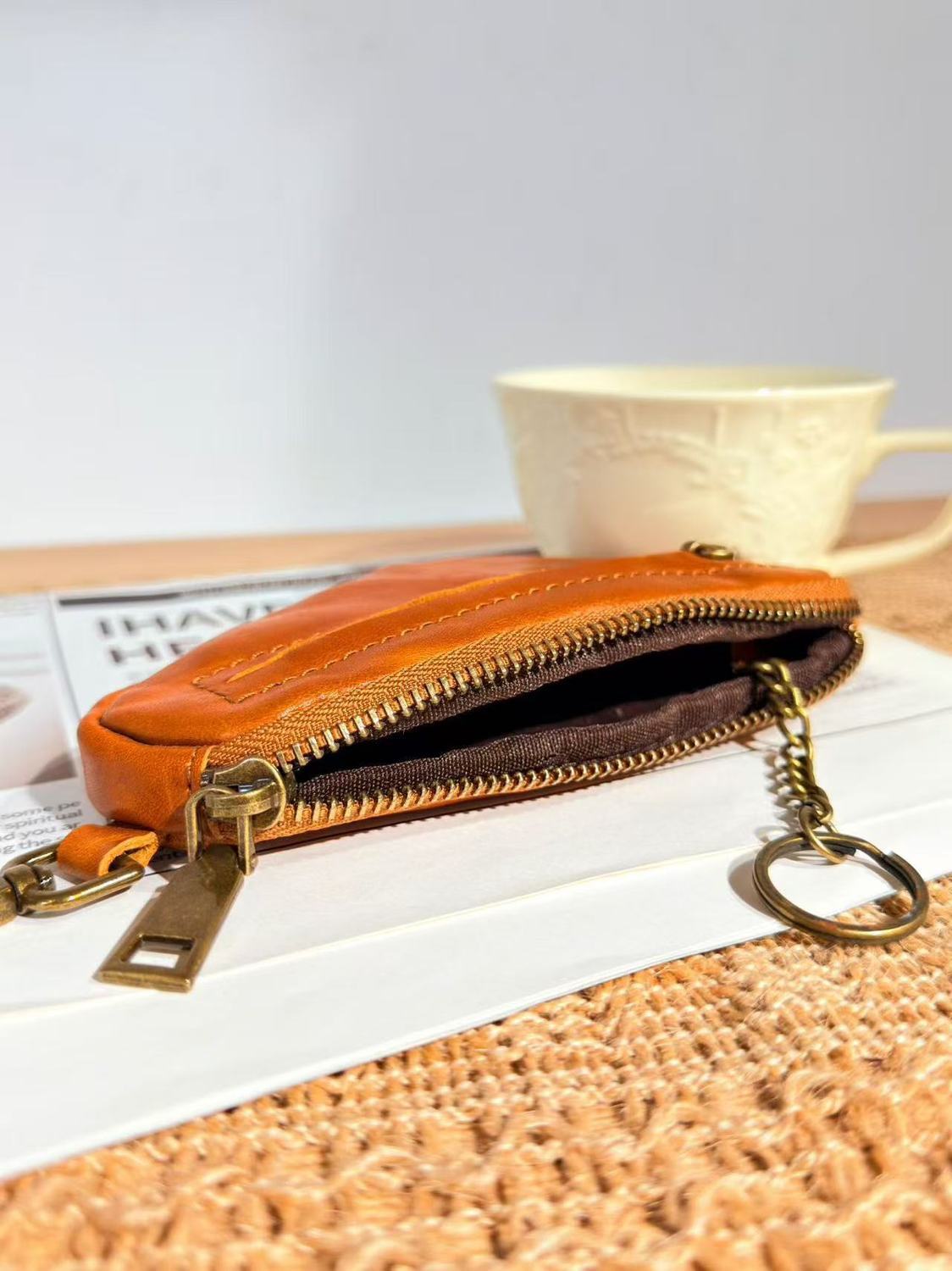 Retro Handmade Leather Key Bag Zipper Leather Wallet
