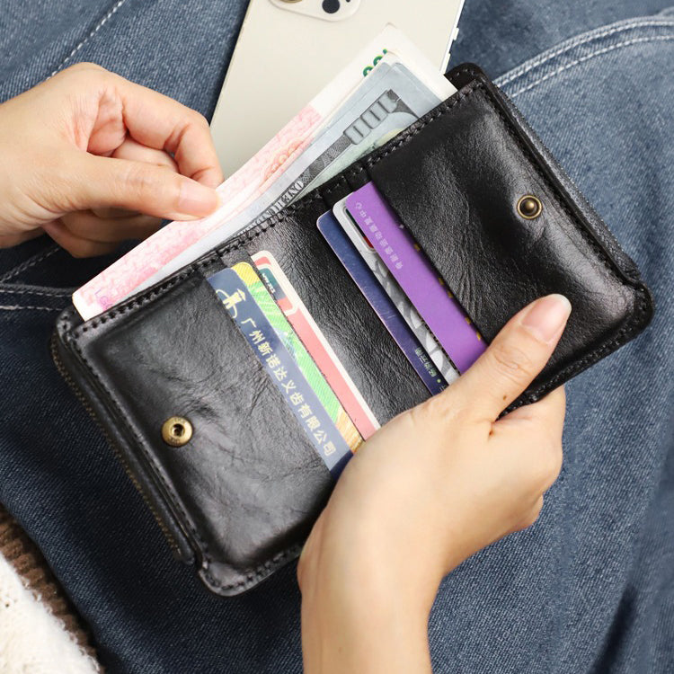 Retro Handmade Leather Zipper Solid Small Bifold Wallet