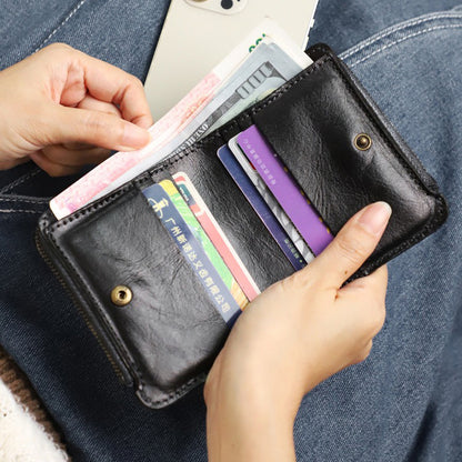 Retro Handmade Leather Zipper Solid Small Bifold Wallet