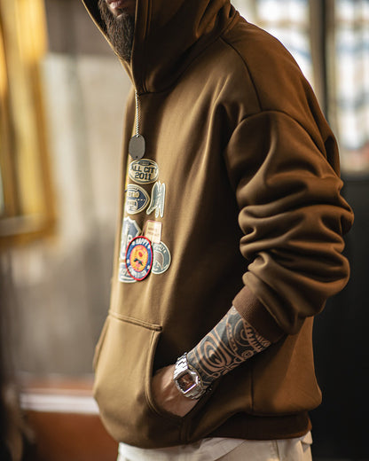 Retro Badge Embroidered Warm Hooded Sweatshirt