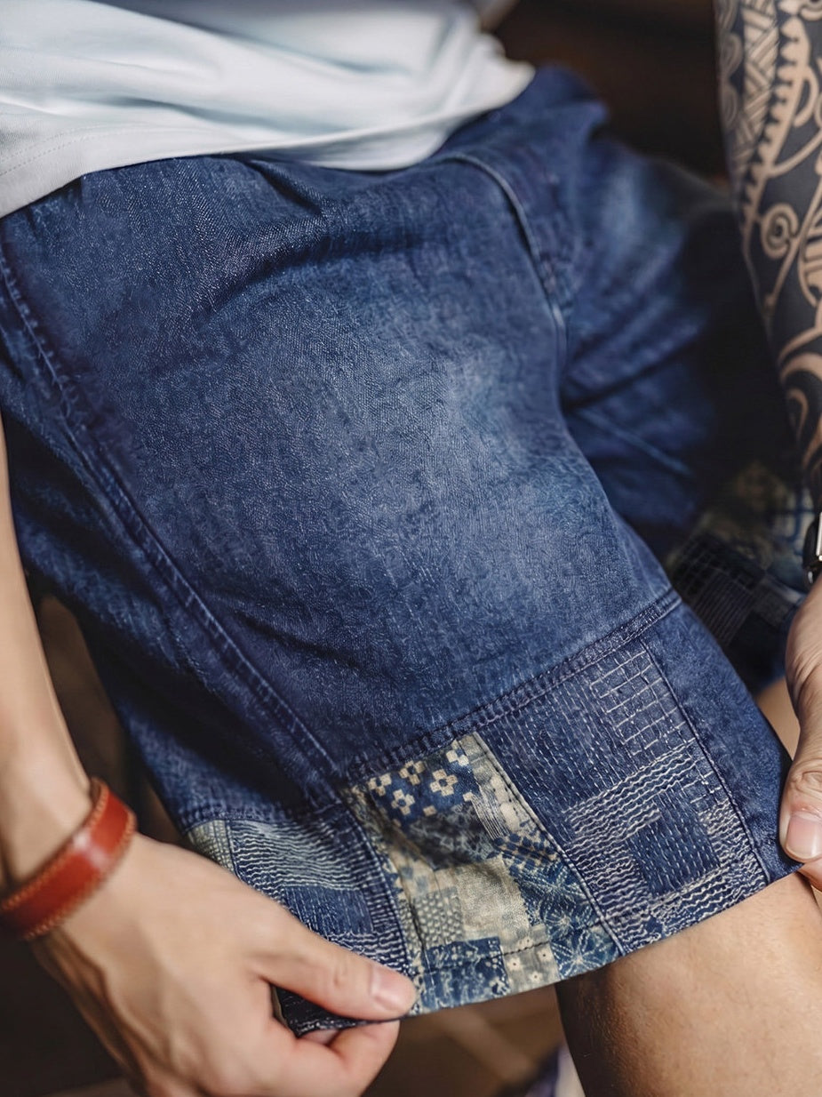 Retro Boro Style Washed Denim Cloth Spliced Denim Shorts
