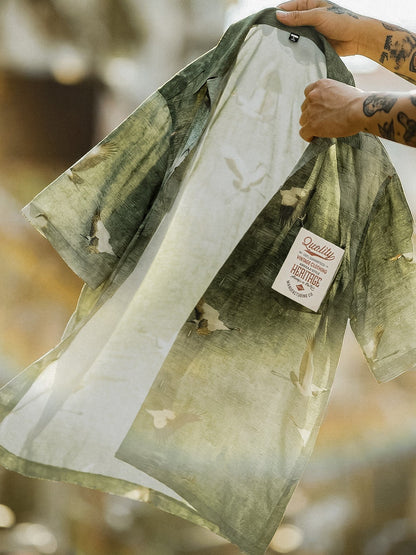 Retro Crane Print Breathable Short Sleeve Shirt