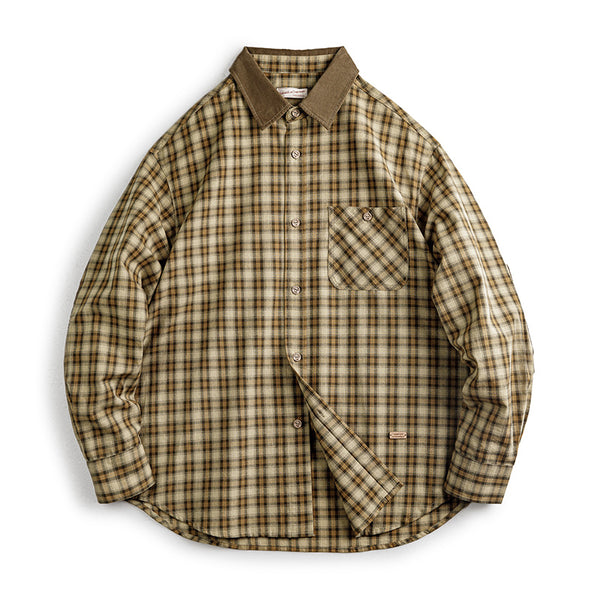 Retro Plaid Long-sleeved Shirt Corduroy Patchwork Lapel Shirt