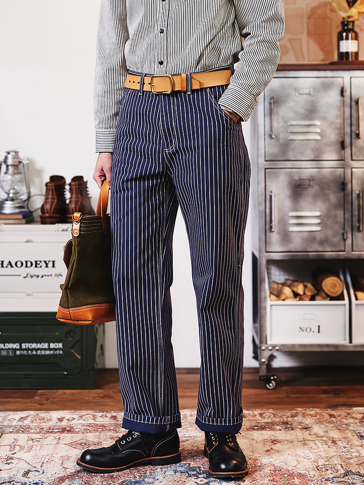 Retro Striped Denim Workwear Pants