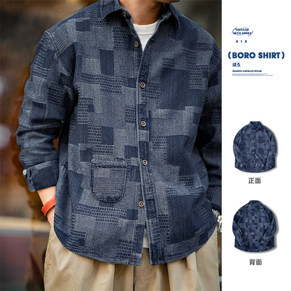 Retro Yarn-Dyed Denim Boro Shirts Autumn Jacket