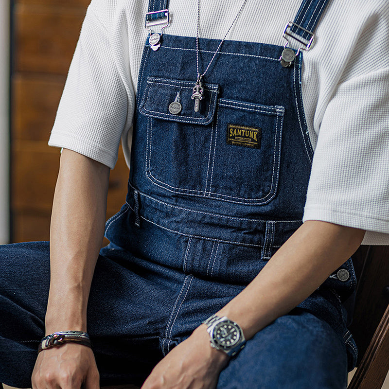 Retro Denim Casual Overall Naval Dungaree In Blue