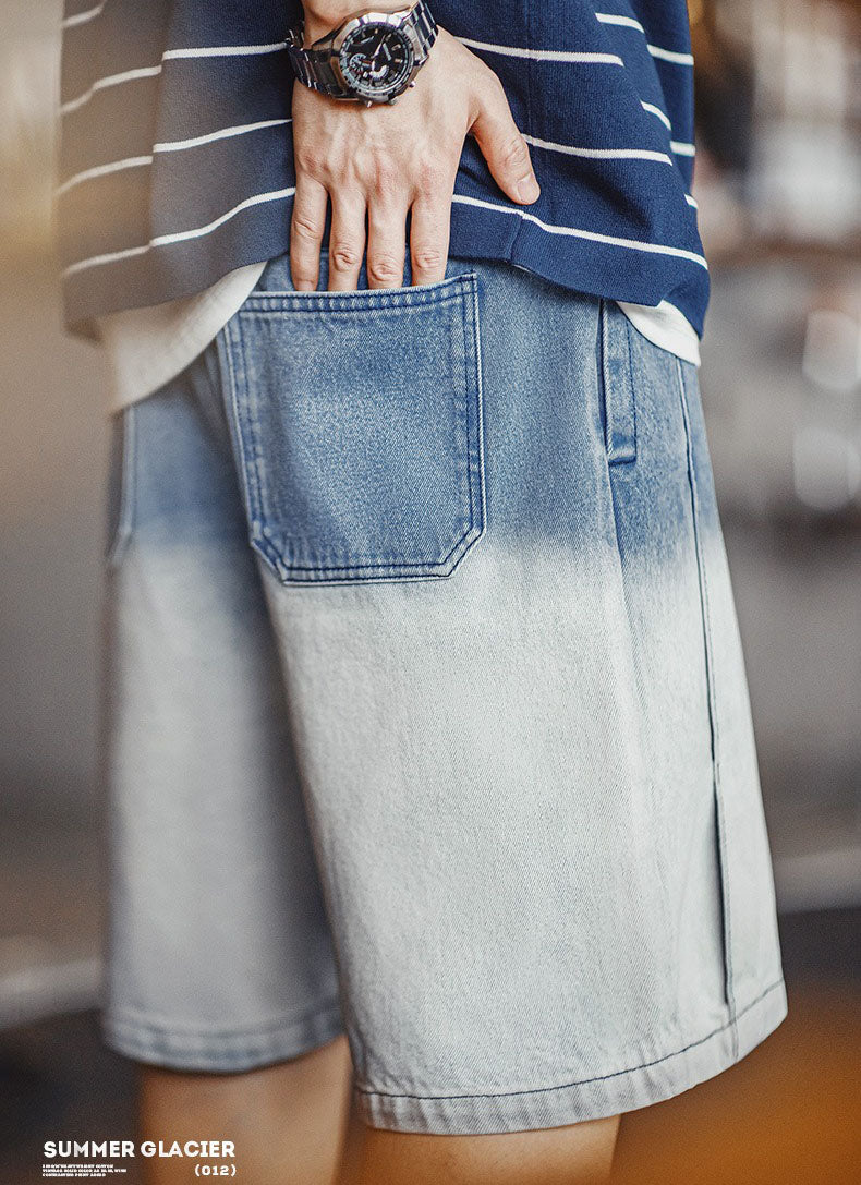 Retro Gradient Blue Washed Denim Shorts