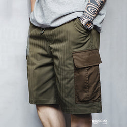 Retro Patchwork Big Pocket Herringbone Shorts