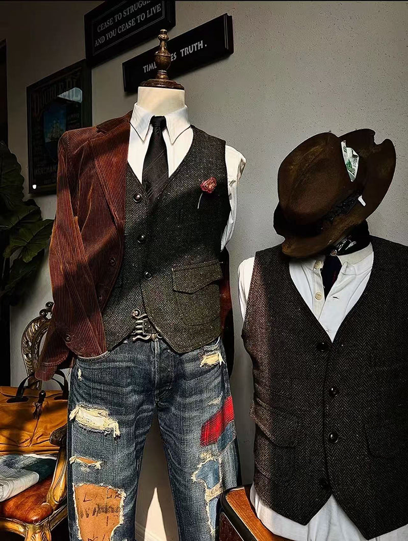 Retro Large Size Wool Herringbone Waistcoats