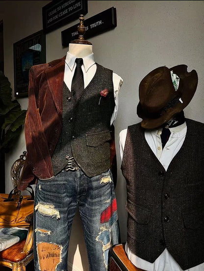 Retro Large Size Wool Herringbone Waistcoats