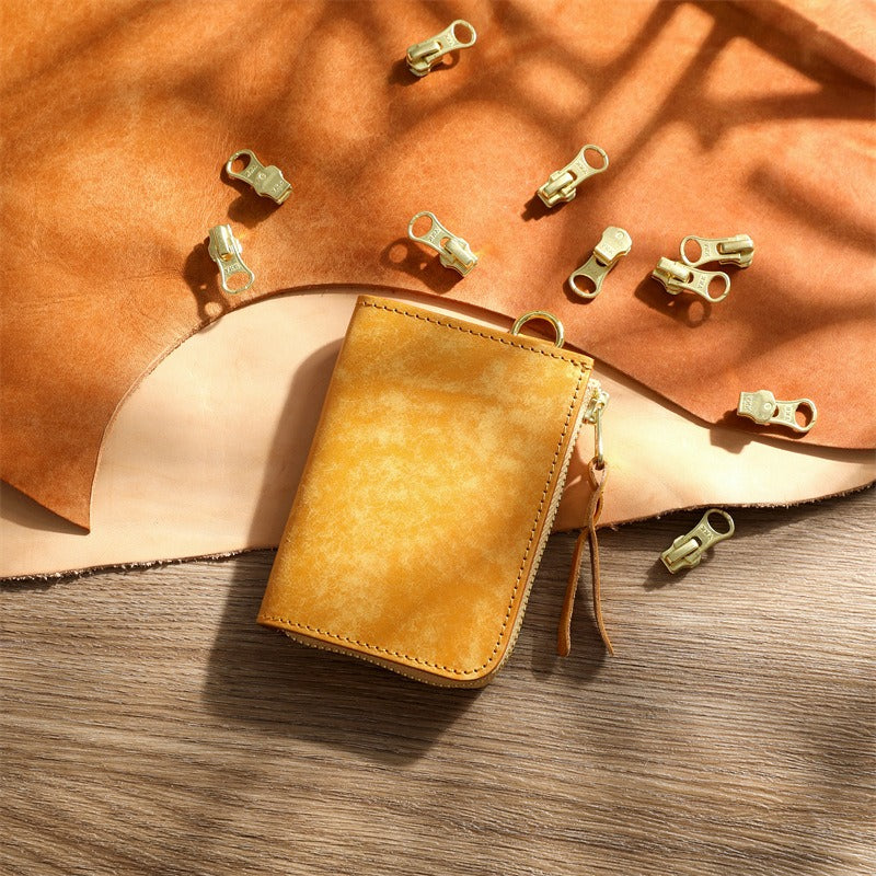 Retro Handmade Tanned Leather Short Zipper Wallet