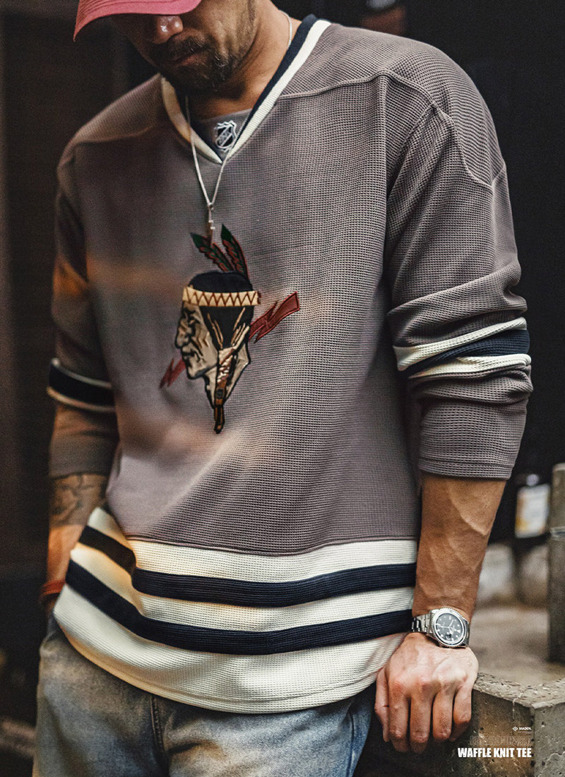 Retro V-neck Waffle Embroidered Knitted Sweatshirt Jacket
