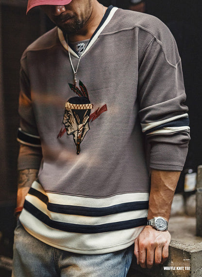 Retro V-neck Waffle Embroidered Knitted Sweatshirt Jacket