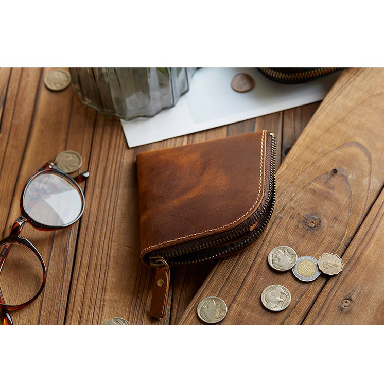 Original Hand-made Leather Short Zipper Wallet