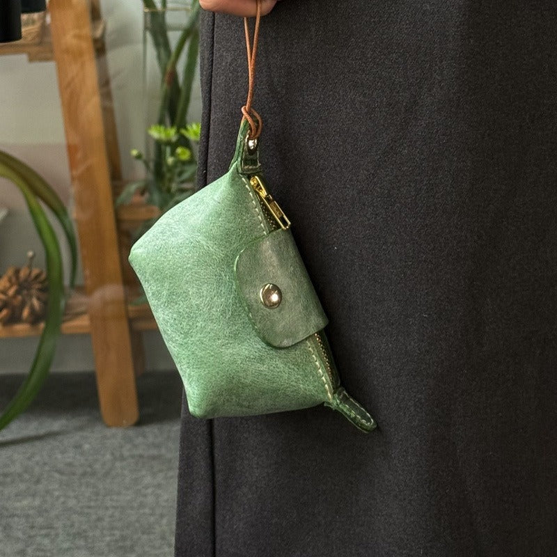 Retro Wax Leather Coin Purse Tanned Leather Lipstick Bag Headphone Bag