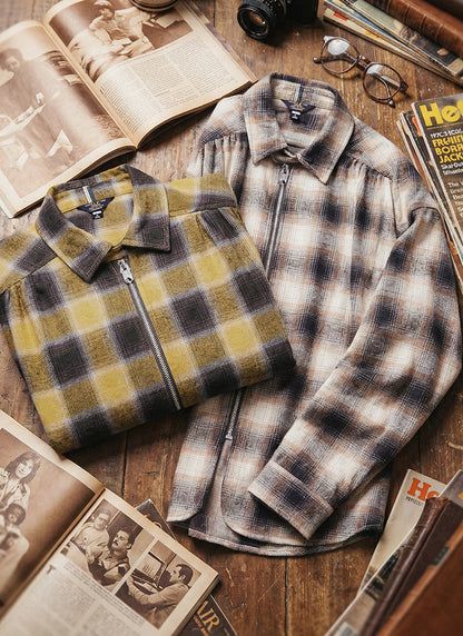 Vintage Plaid Zip Shirt Lapel Cotton Jacket Cardigan