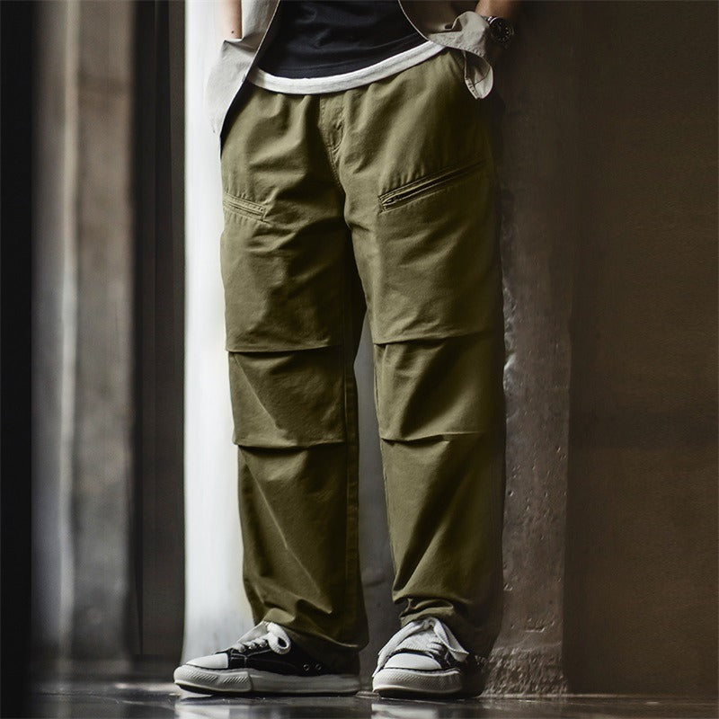 Retro Double Pleated Cotton Straight Drawstring Pants