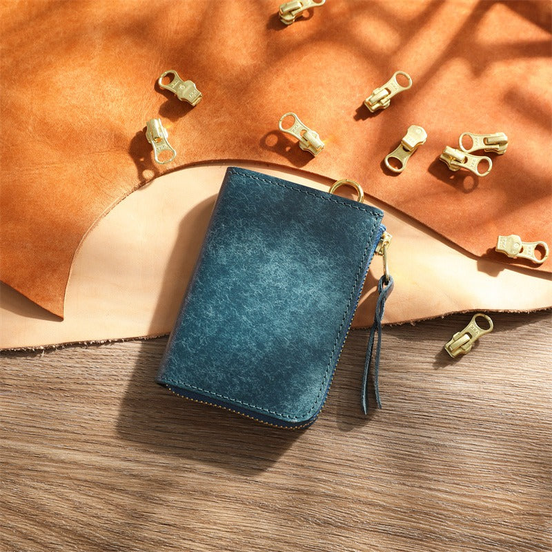 Retro Handmade Tanned Leather Short Zipper Wallet