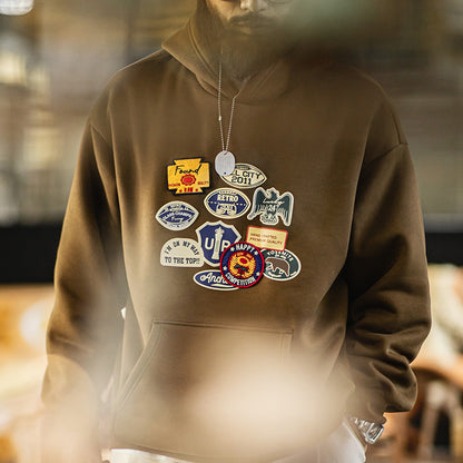 Retro Badge Embroidered Warm Hooded Sweatshirt