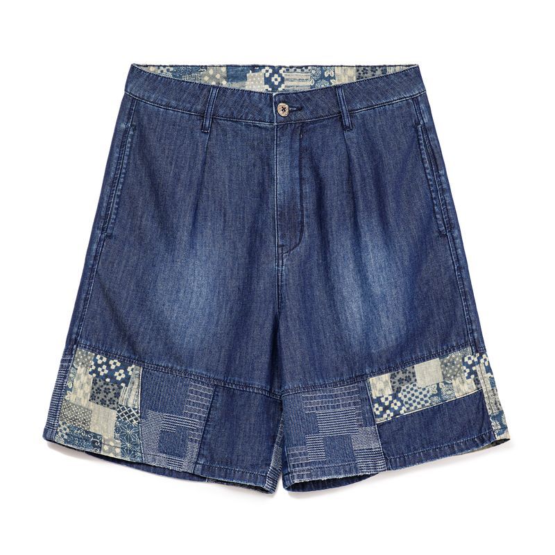 Retro Boro Style Washed Denim Cloth Spliced Denim Shorts