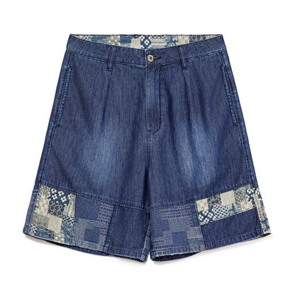 Retro Boro Style Washed Denim Cloth Spliced Denim Shorts
