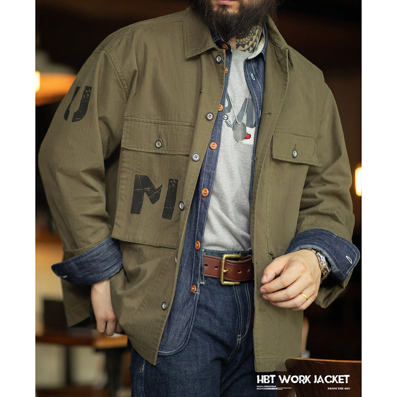 Retro Army Green Herringbone Work Jacket