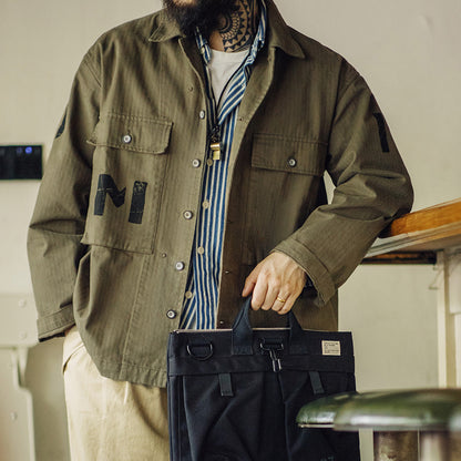 Retro Army Green Herringbone Work Jacket