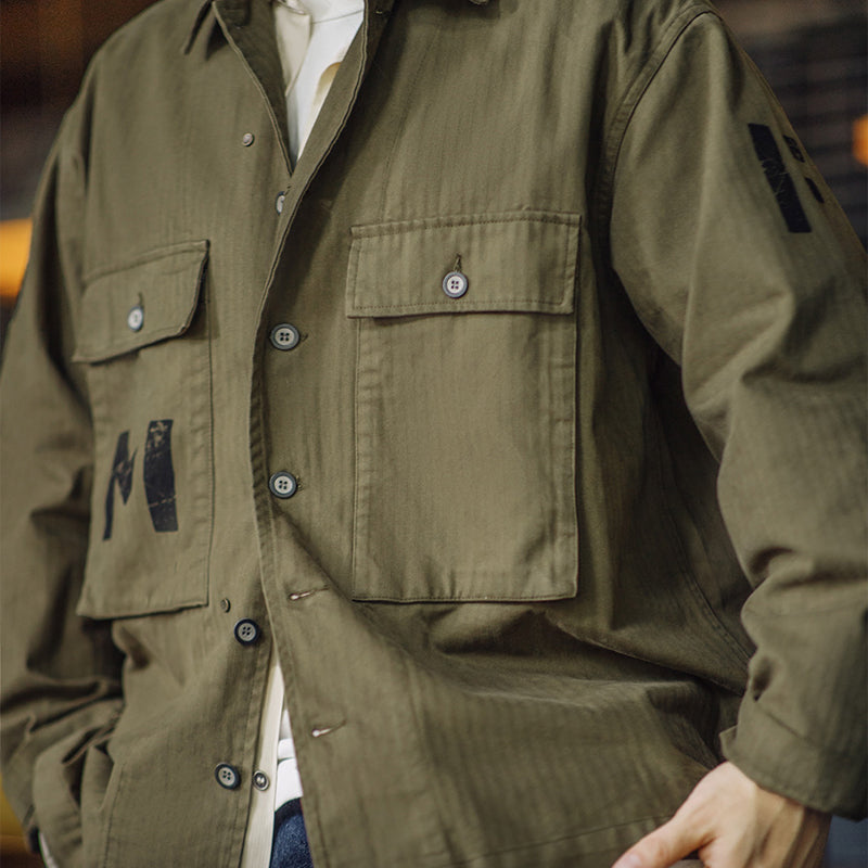 Retro Army Green Herringbone Work Jacket