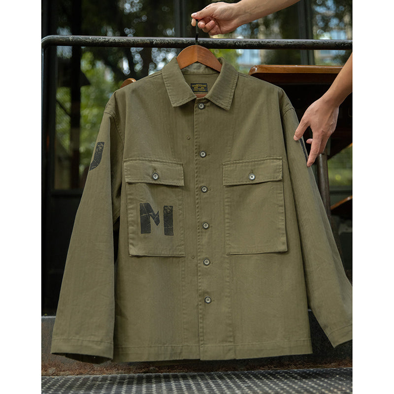 Retro Army Green Herringbone Work Jacket
