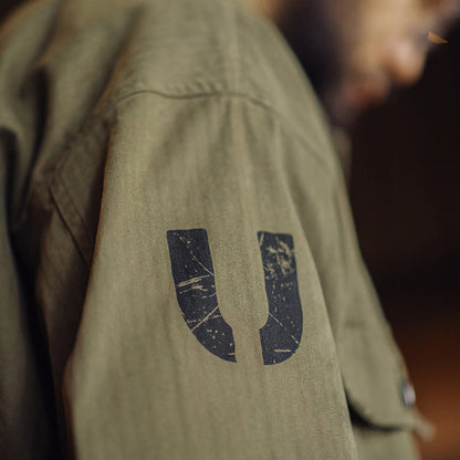 Retro Army Green Herringbone Work Jacket