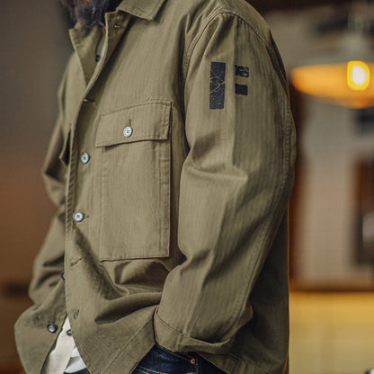 Retro Army Green Herringbone Work Jacket