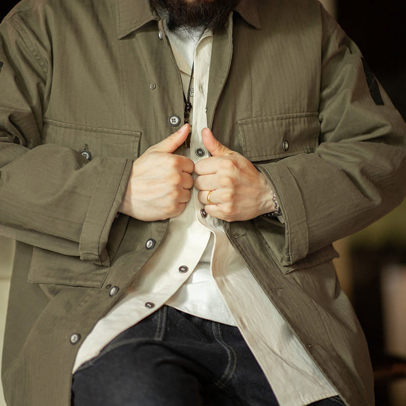 Retro Army Green Herringbone Work Jacket