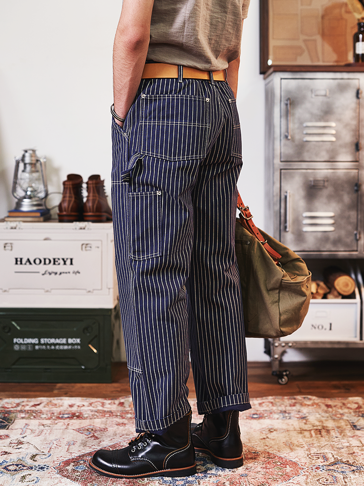 Retro Striped Denim Workwear Pants